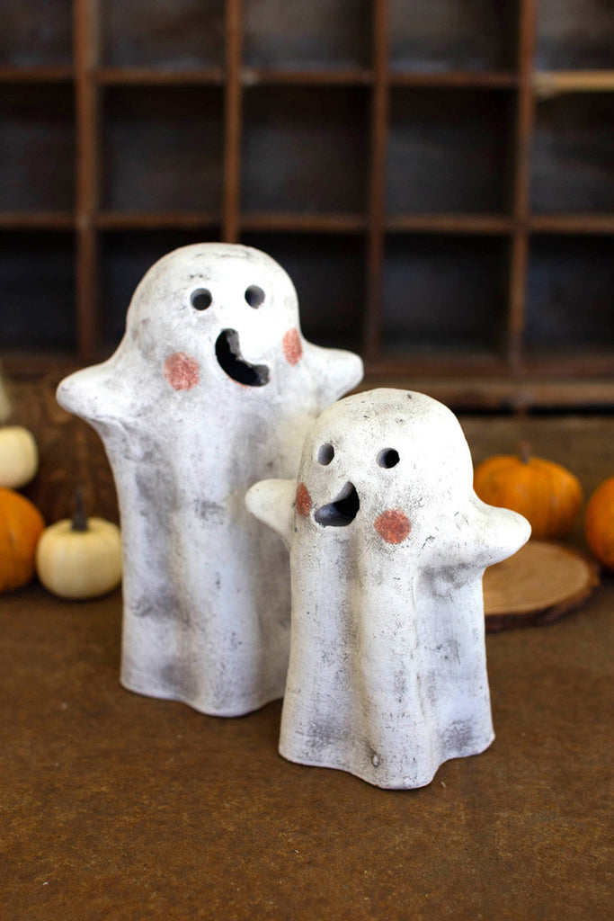 Set of 2 tabletop clay ghost lanterns - Bombay Mercantile