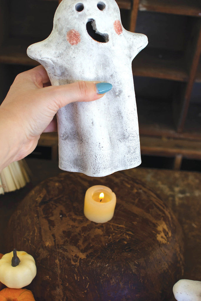 Set of 2 tabletop clay ghost lanterns - Bombay Mercantile