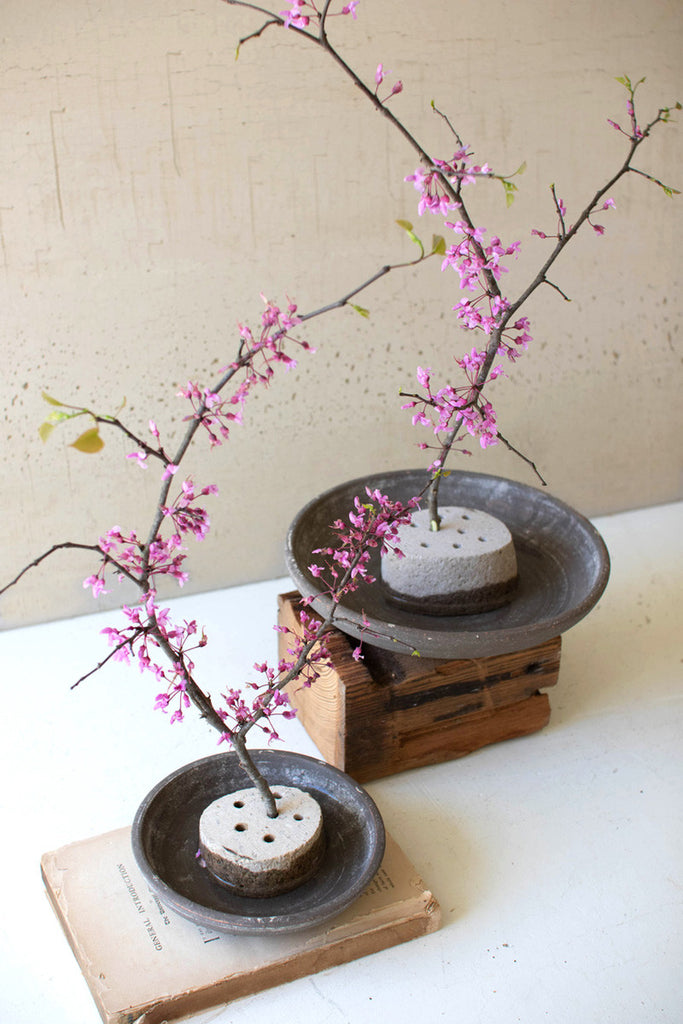 Set of 2 river rock flower frogs with clay saucers - Bombay Mercantile