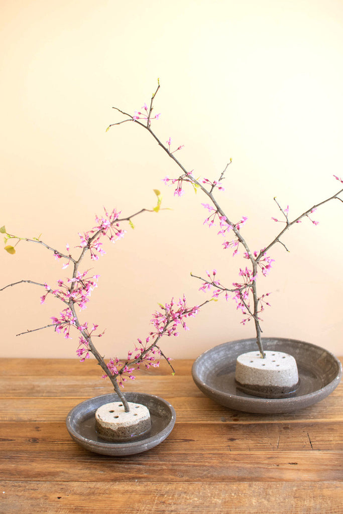 Set of 2 river rock flower frogs with clay saucers - Bombay Mercantile