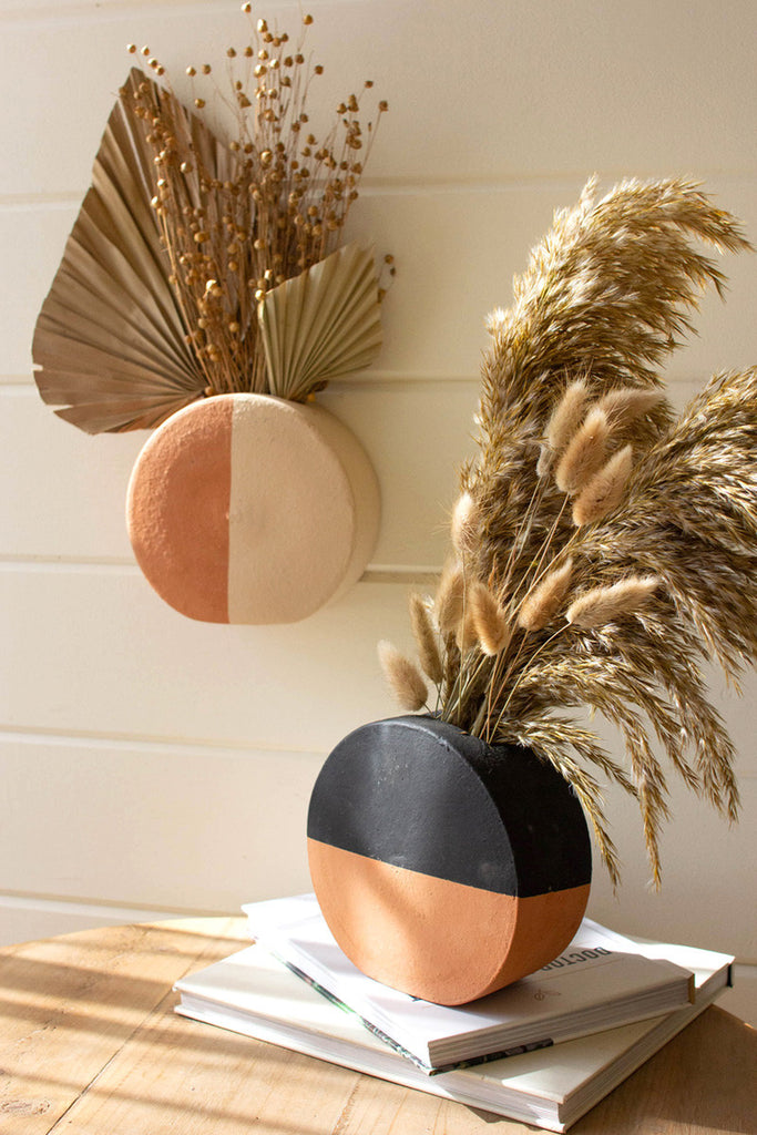 Set of 2 black and ivory dipped clay circle wall planters - Bombay Mercantile