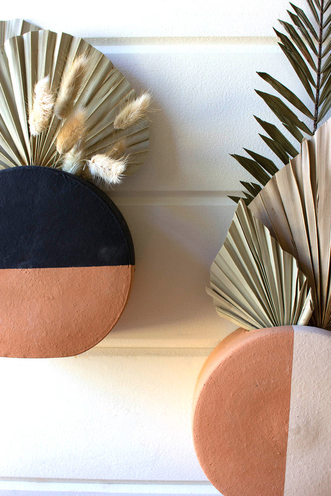 Set of 2 black and ivory dipped clay circle wall planters - Bombay Mercantile