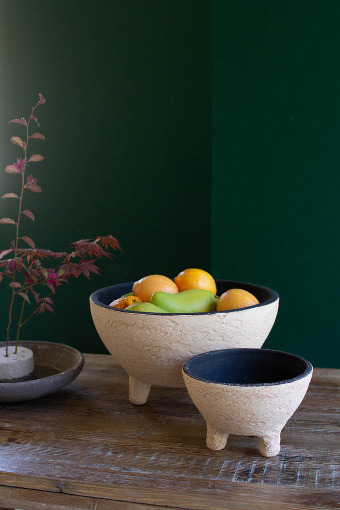 Set of 2 ivory and black textured footed clay bowls - Bombay Mercantile