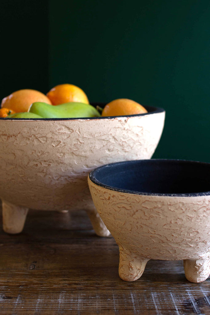 Set of 2 ivory and black textured footed clay bowls - Bombay Mercantile