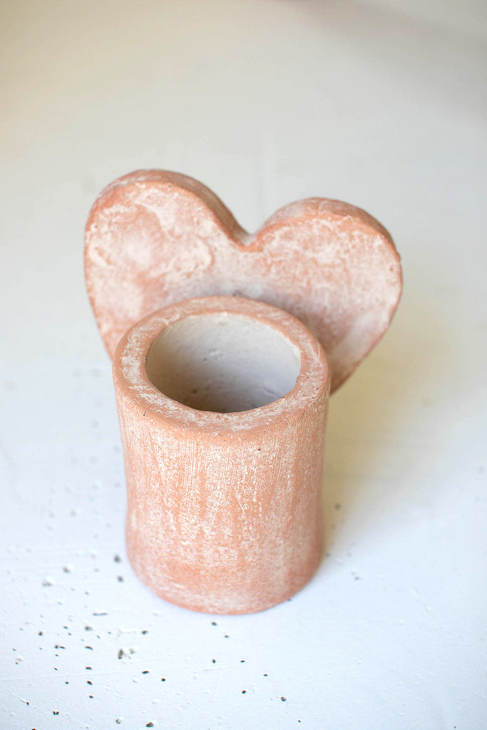 Set of 2 white-wash clay heart vases - Bombay Mercantile