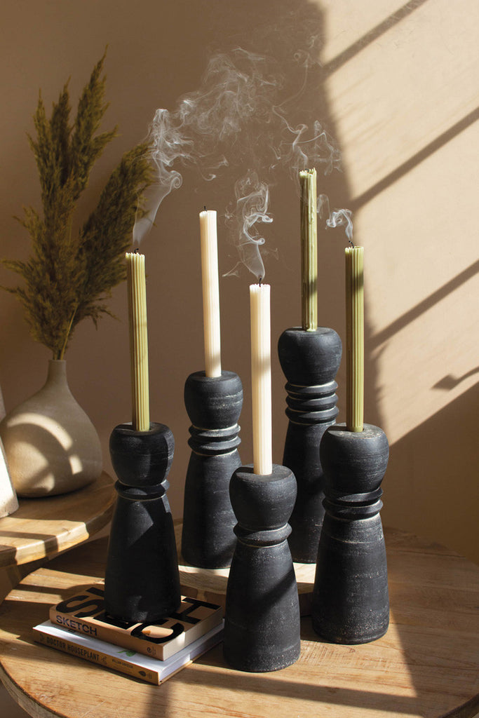 Set of 5 black clay taper holders - Bombay Mercantile