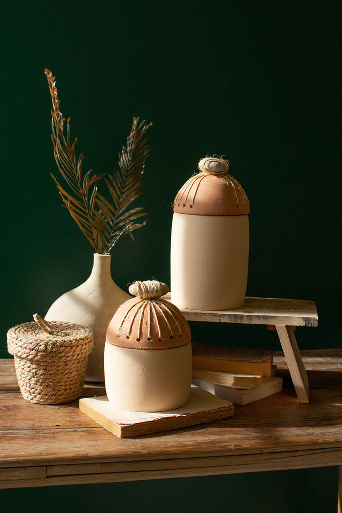 Set of 2 clay canisters with river rock and sisal detail - Bombay Mercantile