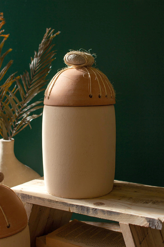 Set of 2 clay canisters with river rock and sisal detail - Bombay Mercantile