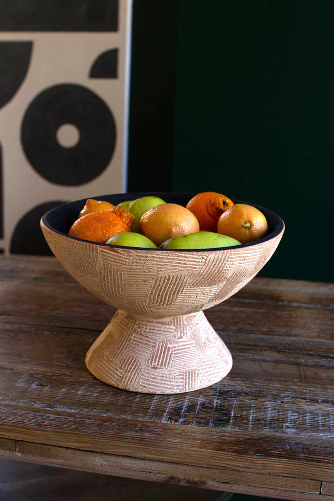 Ivory and black textured clay lenca footed bowl - Bombay Mercantile