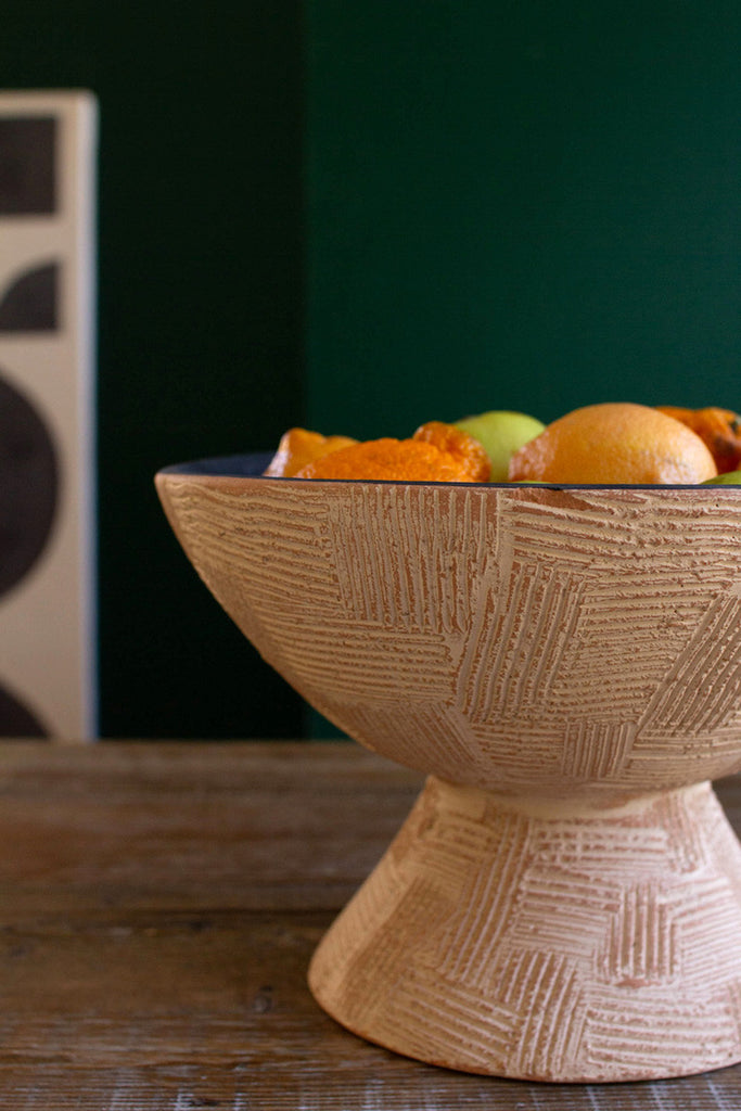 Ivory and black textured clay lenca footed bowl - Bombay Mercantile