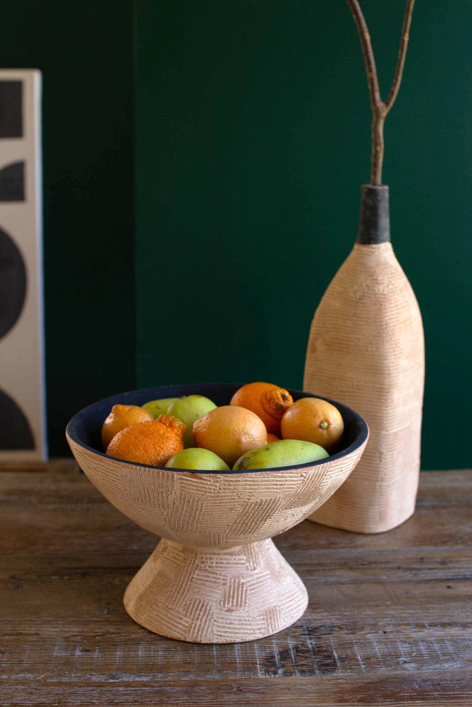 Ivory and black textured clay lenca footed bowl - Bombay Mercantile