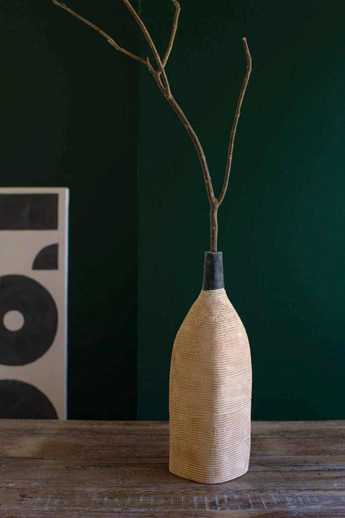 Ivory and black textured clay lenca bottle vase - Bombay Mercantile
