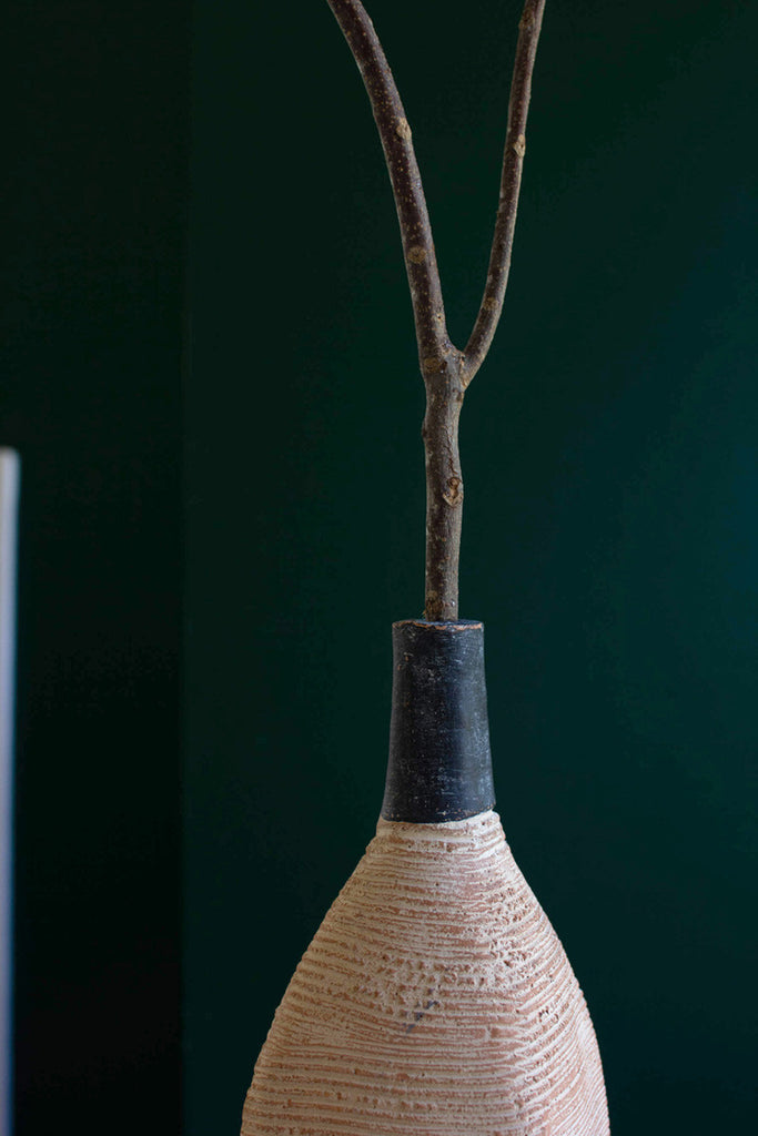 Ivory and black textured clay lenca bottle vase - Bombay Mercantile