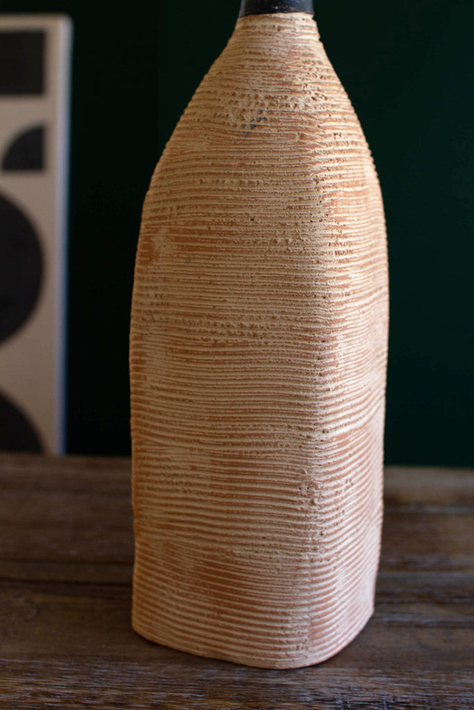Ivory and black textured clay lenca bottle vase - Bombay Mercantile