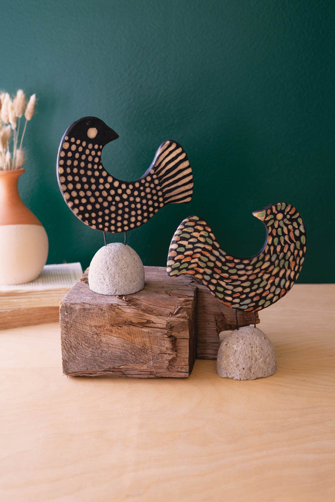 Set of 2 clay lenca birds on rock bases - Bombay Mercantile