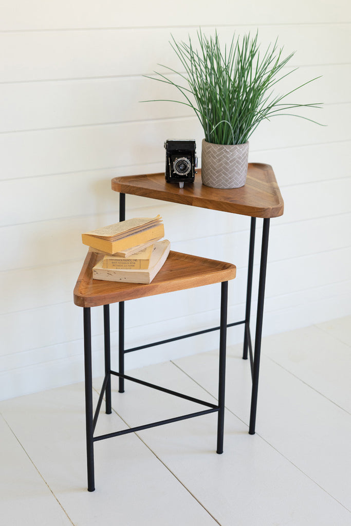 Set of 2 triangle acacia wood side tables with iron bases - Bombay Mercantile