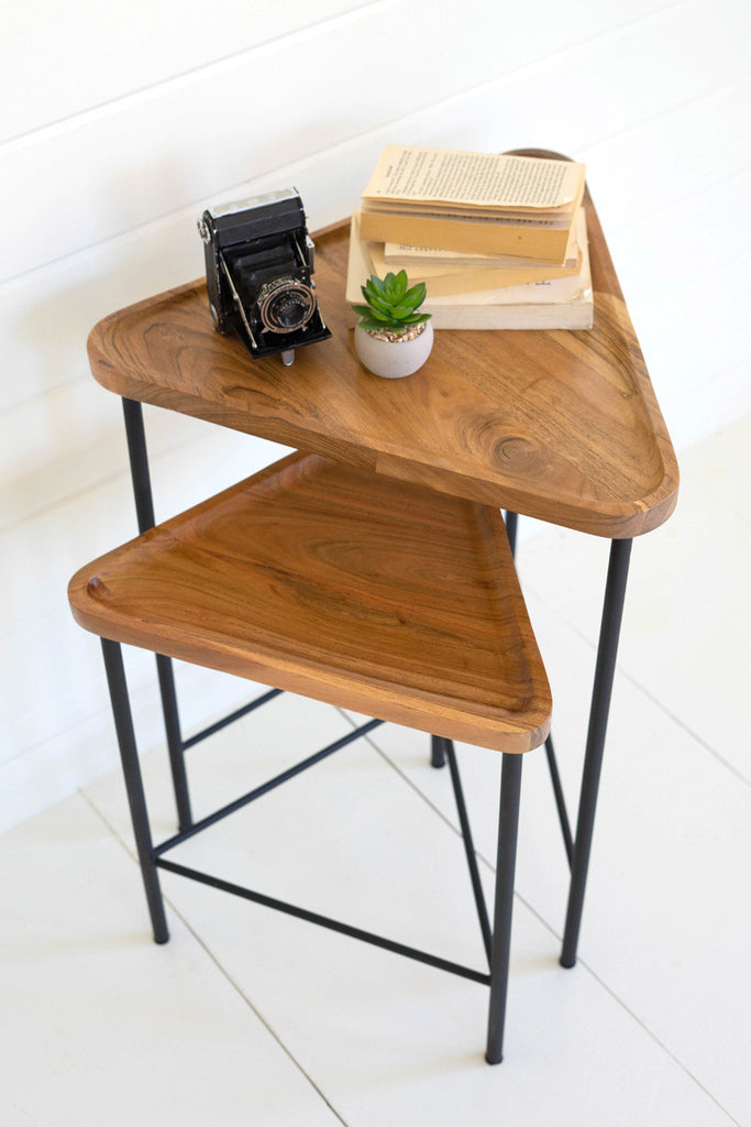 Set of 2 triangle acacia wood side tables with iron bases - Bombay Mercantile