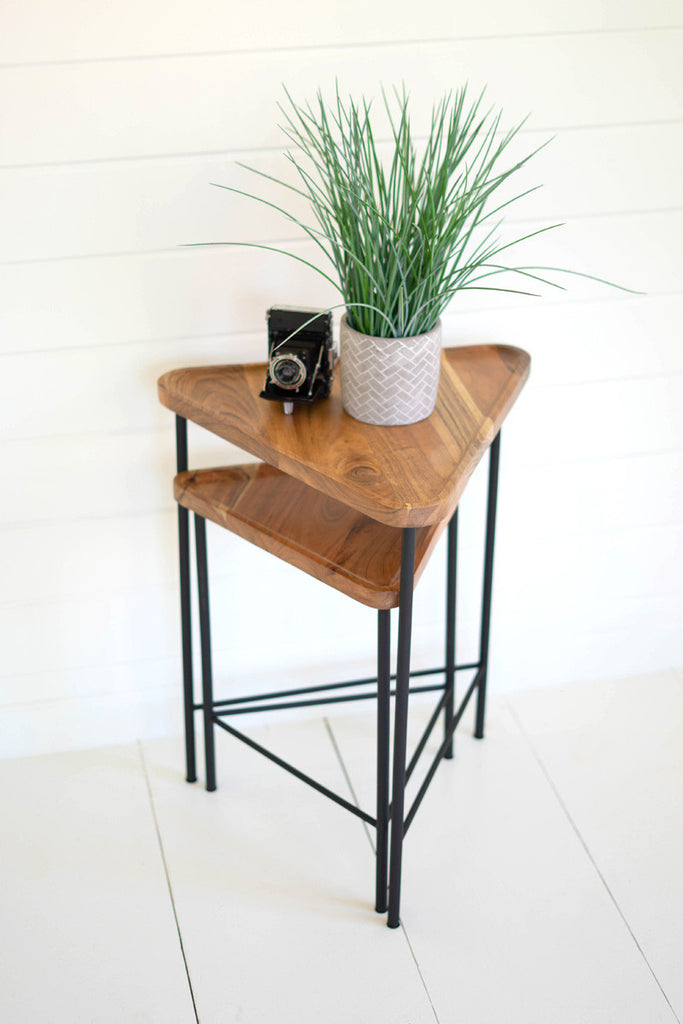 Set of 2 triangle acacia wood side tables with iron bases - Bombay Mercantile