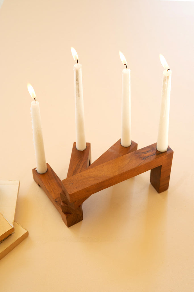 Folding acacia wood taper candelabra - Bombay Mercantile