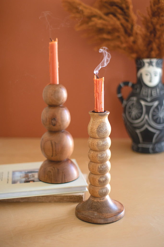 Set of 2 turned wooden taper candle holders - Bombay Mercantile