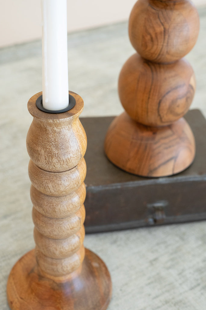 Set of 2 turned wooden taper candle holders - Bombay Mercantile