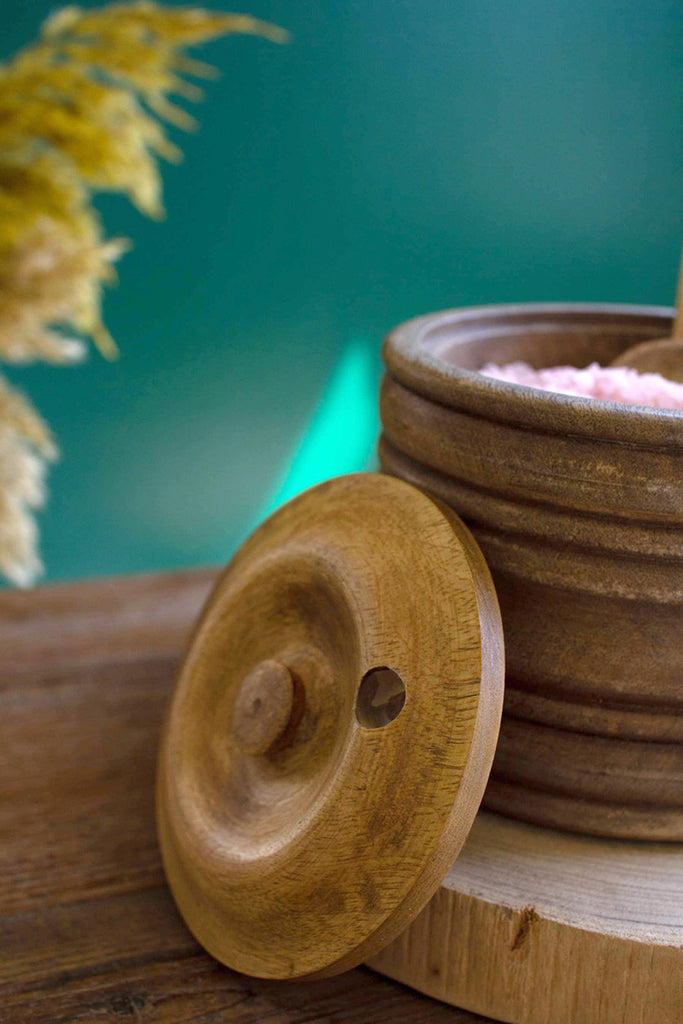 Round wooden canister with spoon - Bombay Mercantile