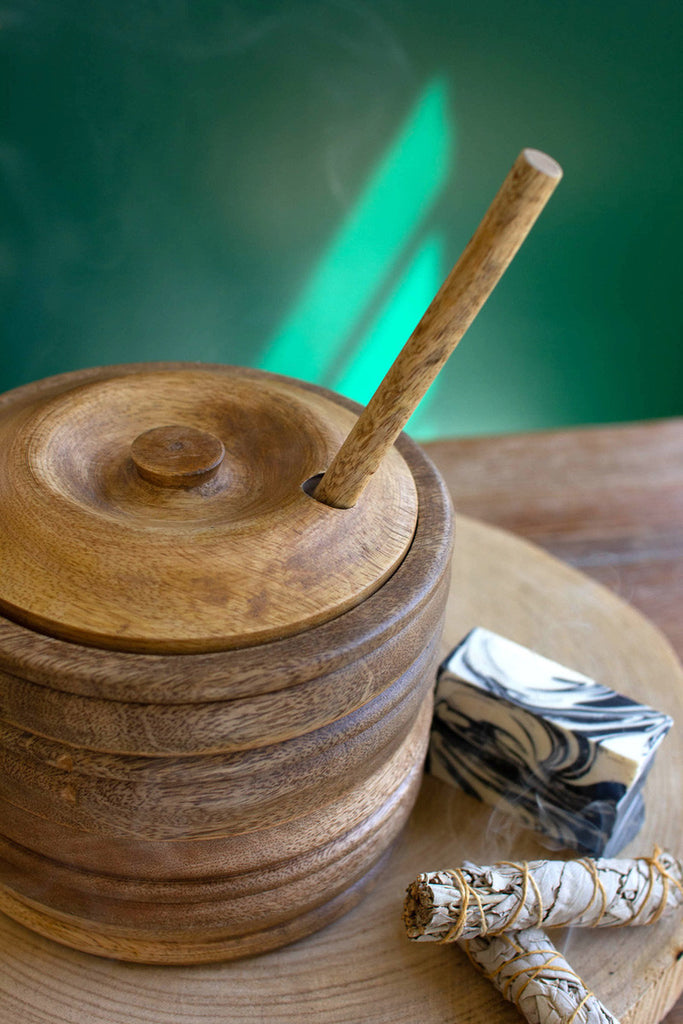 Round wooden canister with spoon - Bombay Mercantile