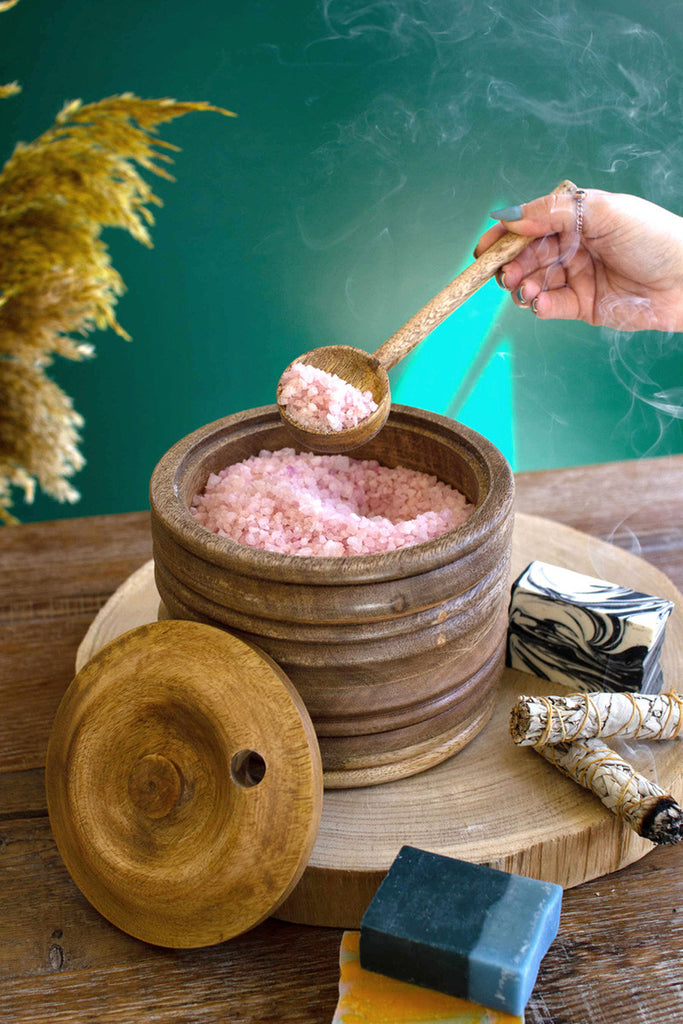 Round wooden canister with spoon - Bombay Mercantile
