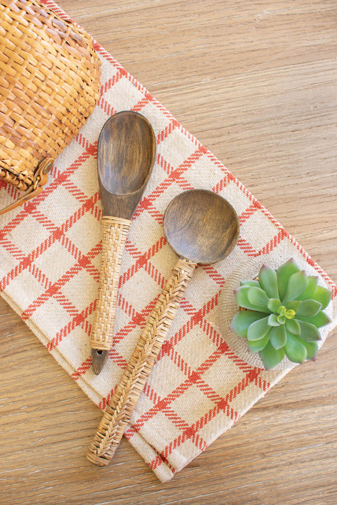 Set of 2 wooden spoons with woven cane handles - Bombay Mercantile