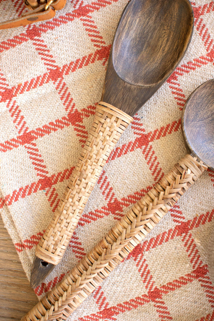 Set of 2 wooden spoons with woven cane handles - Bombay Mercantile