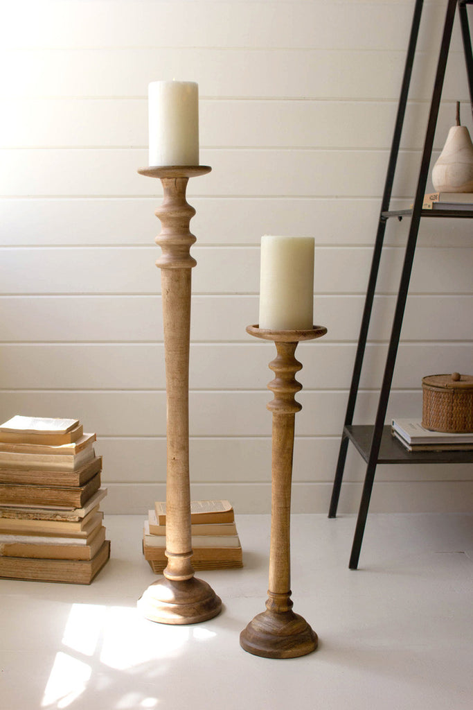 Set of 2 tall mango wood pillar candle stands - Bombay Mercantile