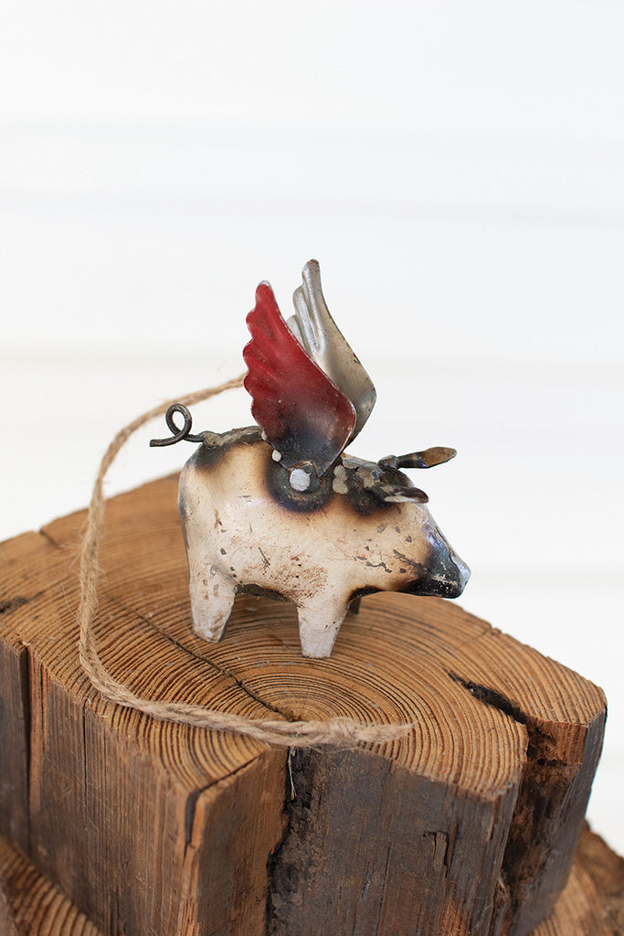 Set of 4 recycled iron flying pig christmas ornaments - Bombay Mercantile