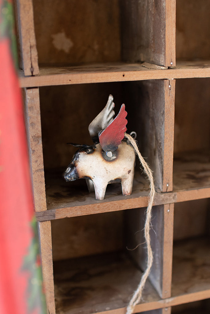 Set of 4 recycled iron flying pig christmas ornaments - Bombay Mercantile