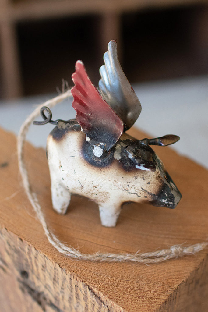 Set of 4 recycled iron flying pig christmas ornaments - Bombay Mercantile