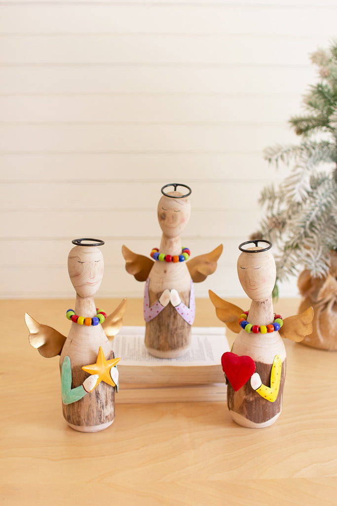 Set of 3 Wood and painted metal angels - The Nifty Decor