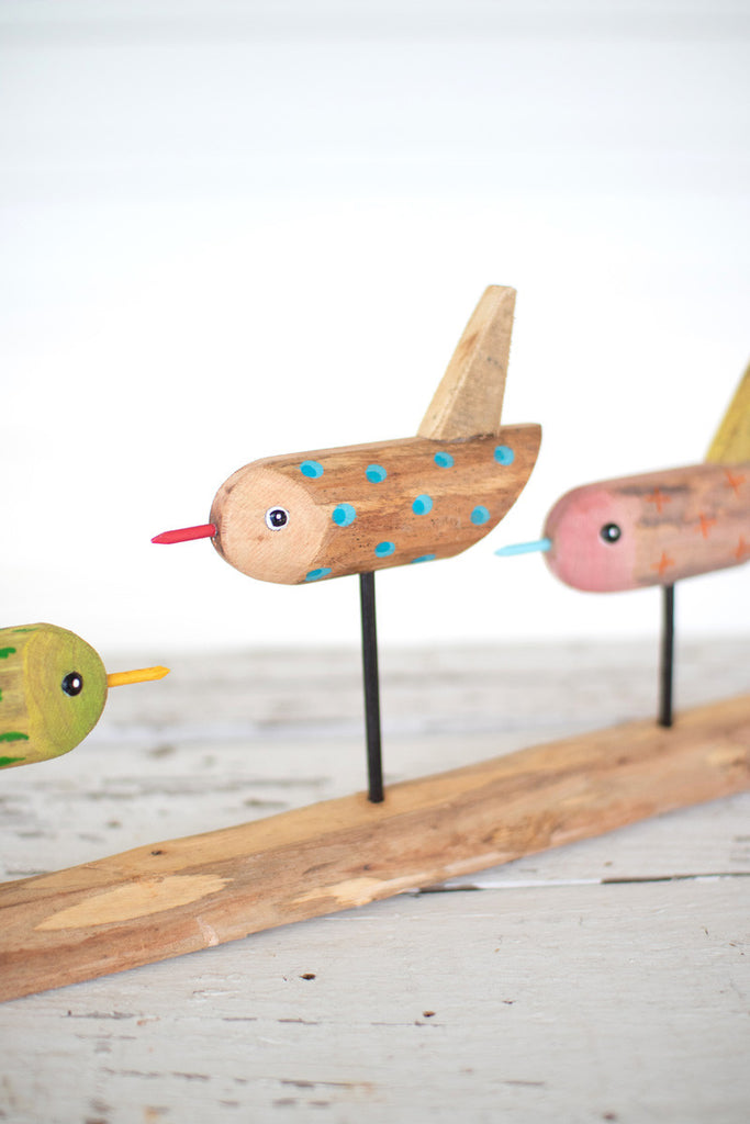 Three painted wooden birds on a base - Bombay Mercantile