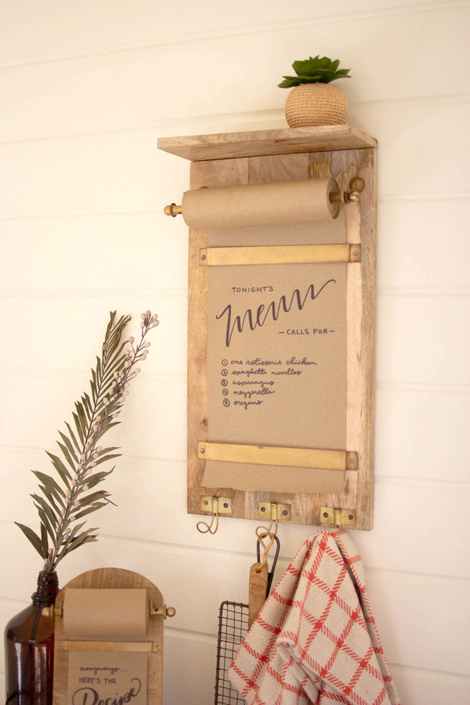 Wooden wall note roll with coat hooks - Bombay Mercantile