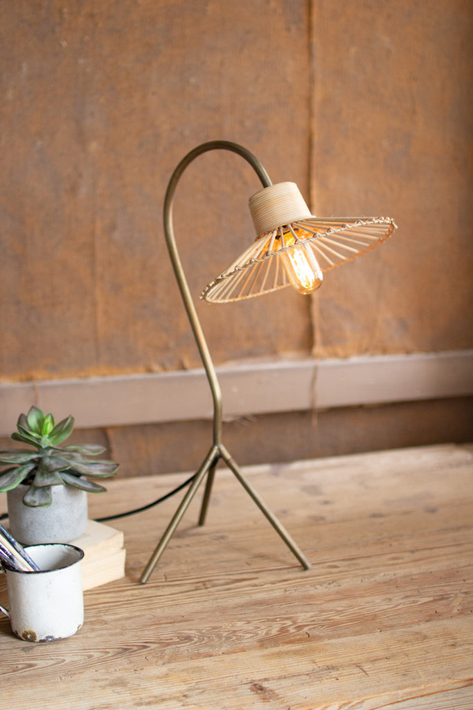 Antique brass finish table lamp with rattan umbrella shade - The Nifty Decor