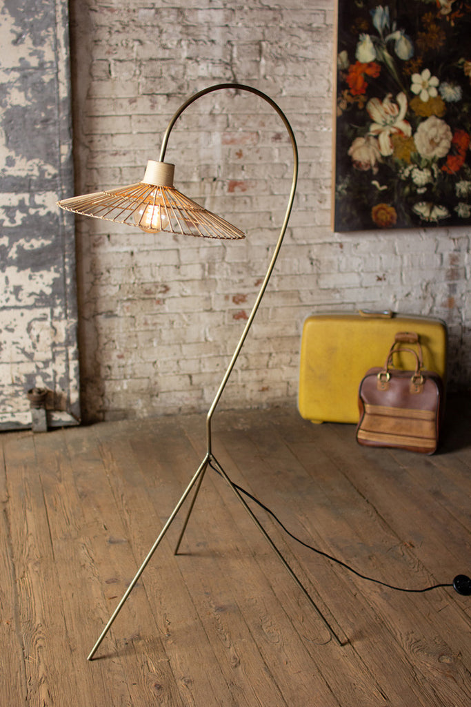 Antique brass finish floor lamp with rattan umbrella shade - The Nifty Decor