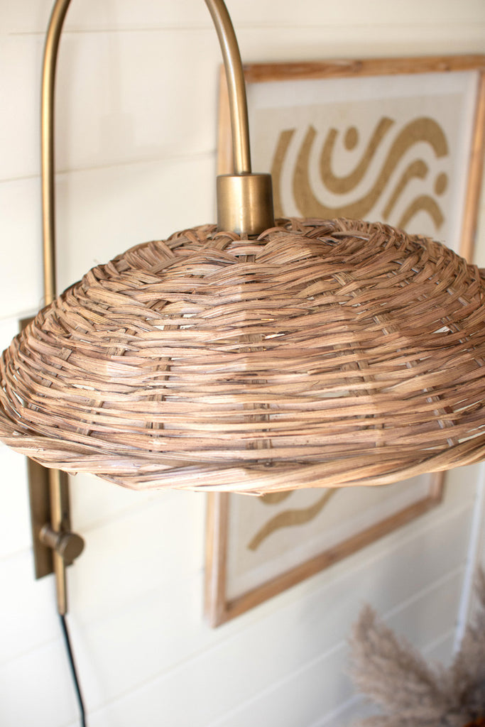 Antique brass wall light with rattan shade - Bombay Mercantile