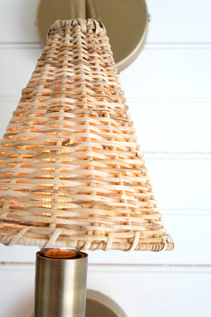 Double antique brass wall lamp with woven wicker shade - Bombay Mercantile