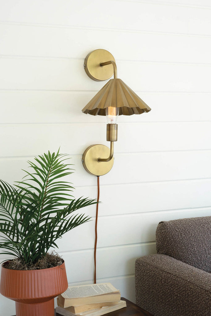 Double antique brass wall lamp with pleated metal shade - Bombay Mercantile