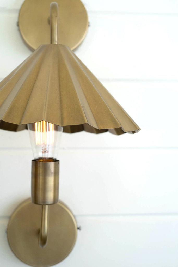 Double antique brass wall lamp with pleated metal shade - Bombay Mercantile