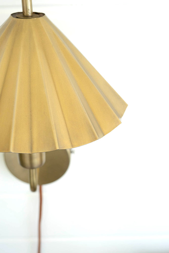 Double antique brass wall lamp with pleated metal shade - Bombay Mercantile