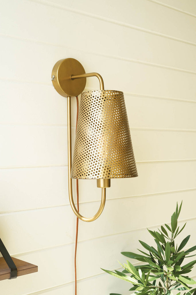 Double antique brass wall lamp with perforated metal shade - Bombay Mercantile
