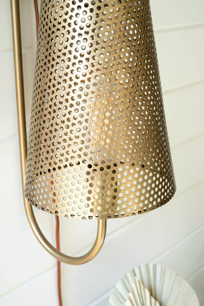 Double antique brass wall lamp with perforated metal shade - Bombay Mercantile