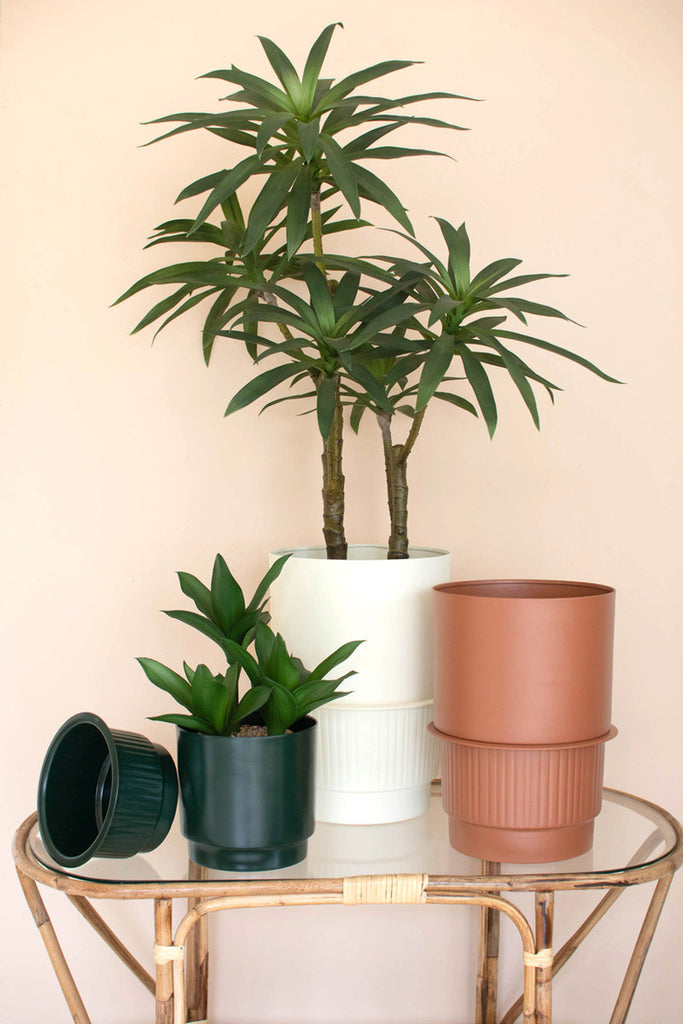 Set of 3 painted metal planters with tray bottoms - Bombay Mercantile