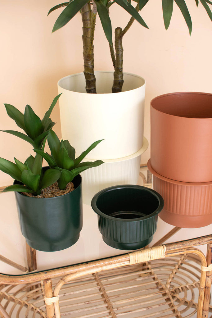 Set of 3 painted metal planters with tray bottoms - Bombay Mercantile