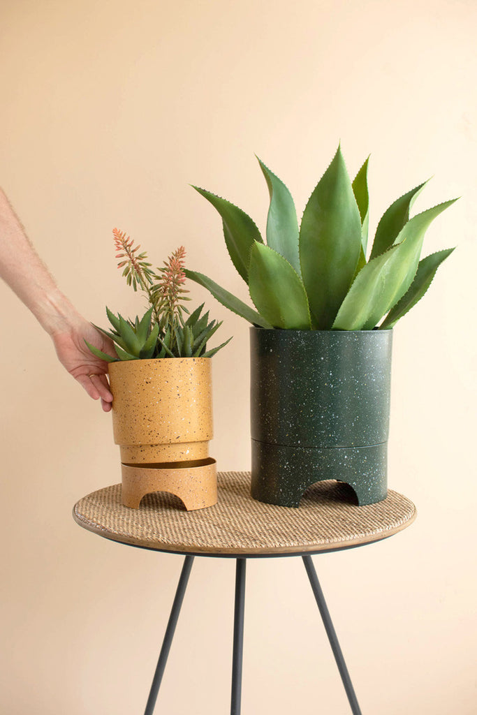 Set of 2 speckle painted metal planters with tray bottoms - Bombay Mercantile