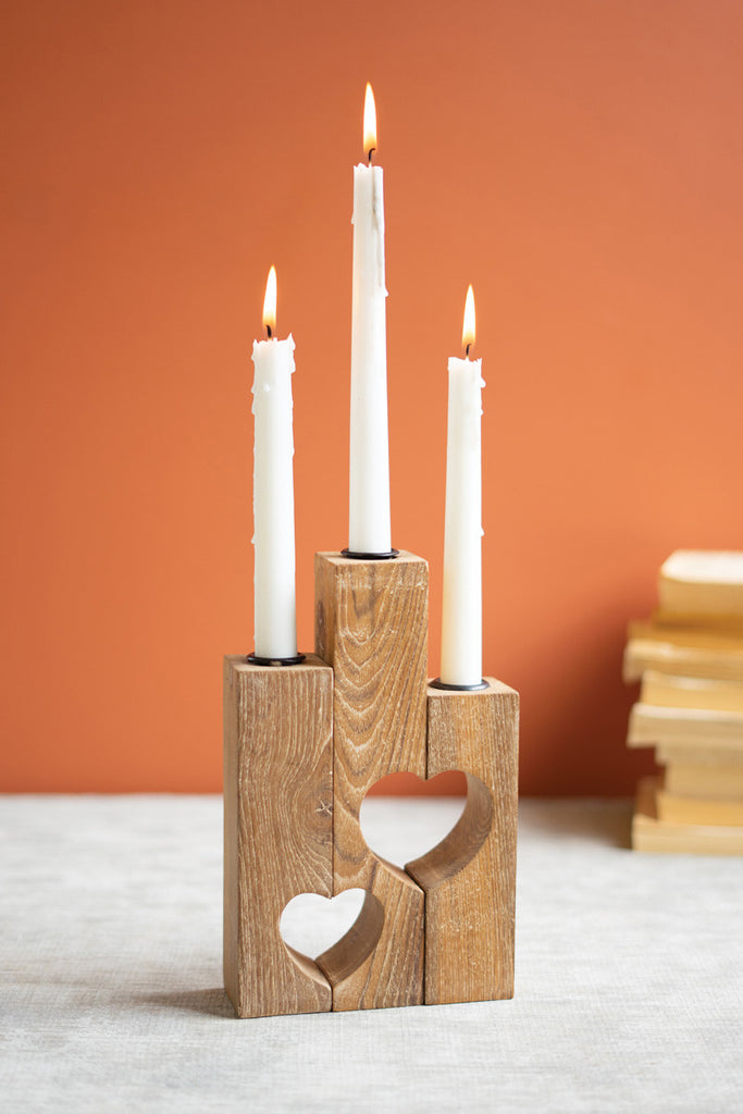 Triple reclaimed heart wood taper candle holder - Bombay Mercantile